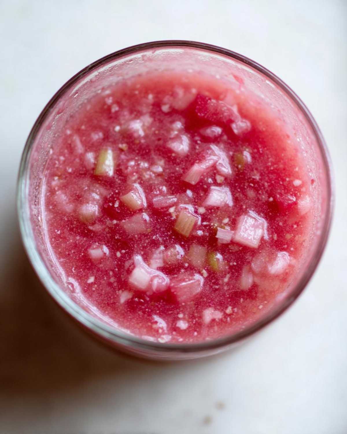 Overhead view of chunky, bright pink Rhubarb and Shallot Vinaigrette in a clear glass.