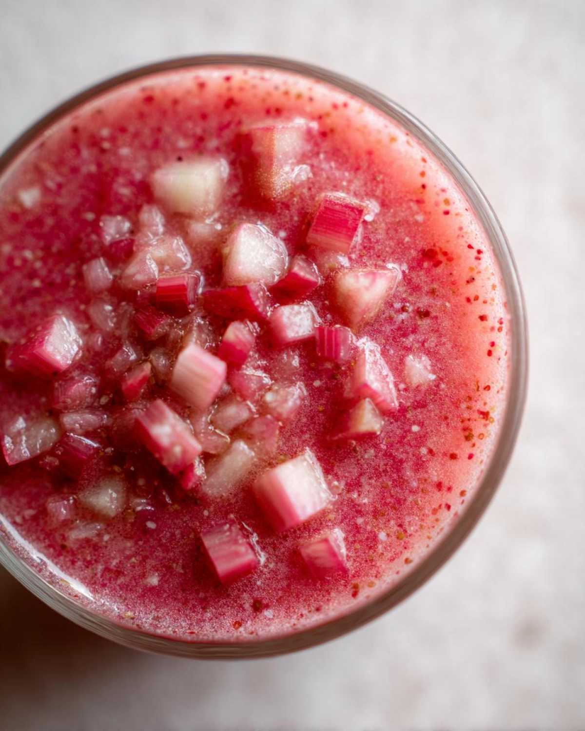 Overhead view of bright pink Rhubarb and Shallot Vinaigrette topped with diced rhubarb pieces in a glass.