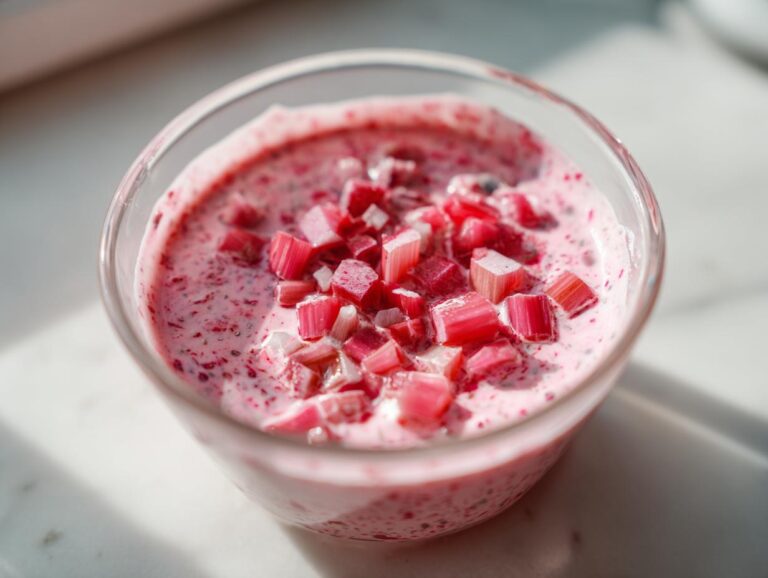 Amazing 15-Minute Rhubarb and Shallot Vinaigrette Close-up of a pink, creamy mixture topped with diced rhubarb pieces, likely related to Rhubarb and Shallot Vinaigrette.