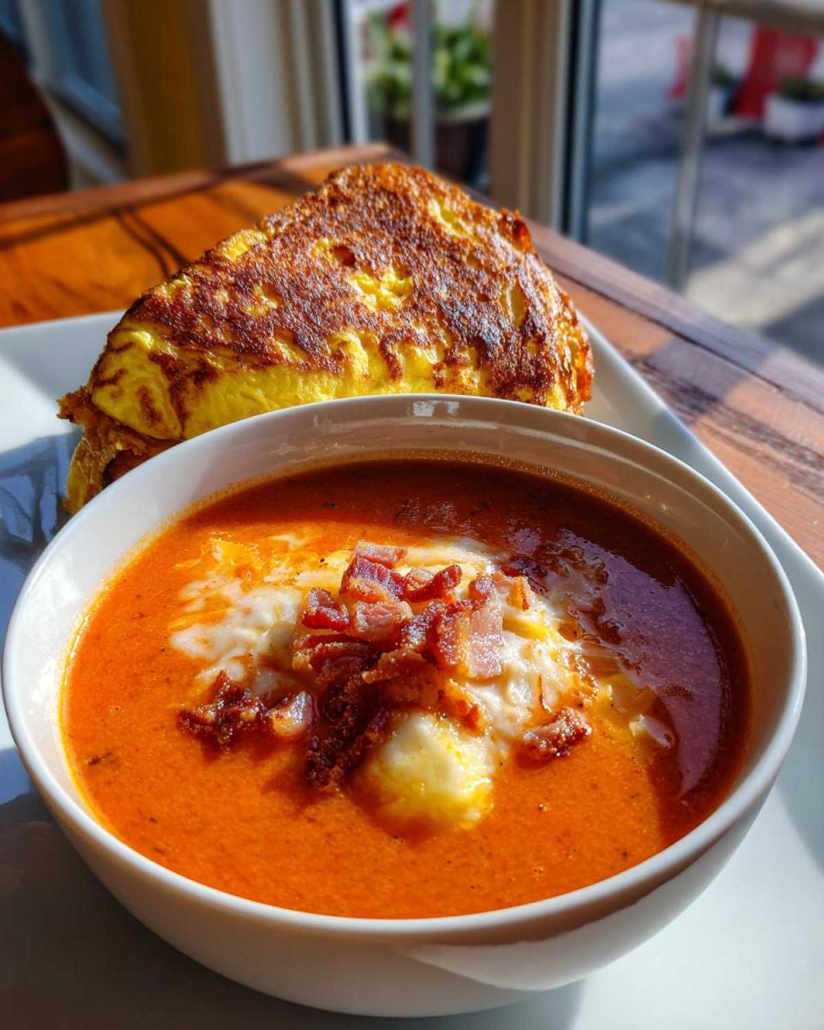 A bowl of vibrant Rhubarb and Tomato Soup topped with melted cheese and bacon bits, served alongside a folded bacon omelet.