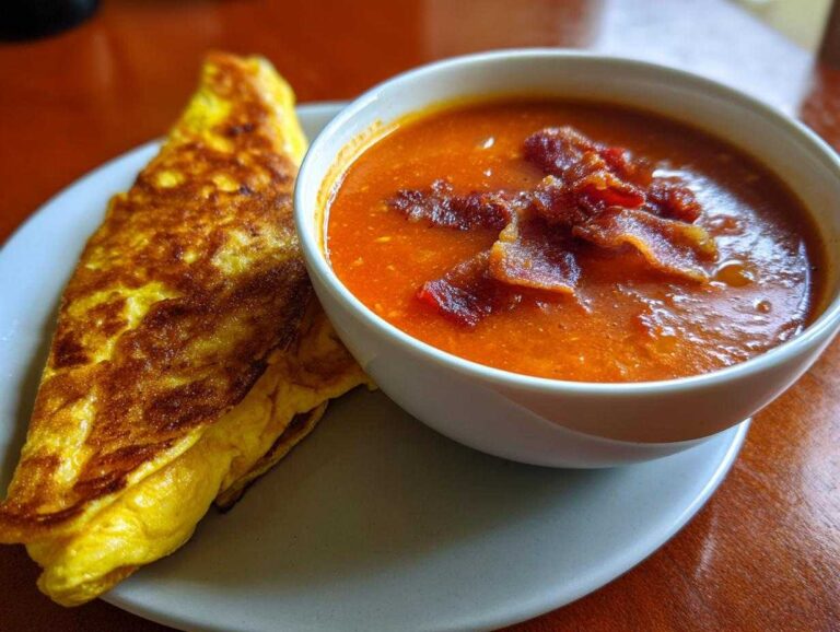 A bowl of vibrant Rhubarb and Tomato Soup topped with crispy bacon next to a folded bacon omelet.