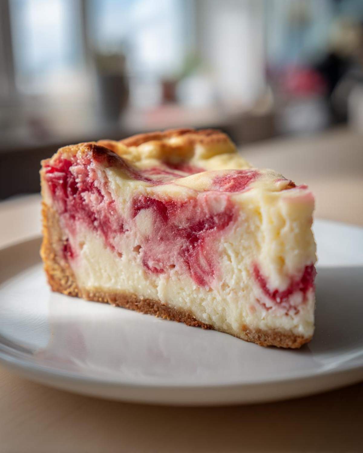 A close-up of a single slice of Rhubarb and White Chocolate Cheesecake on a white plate.