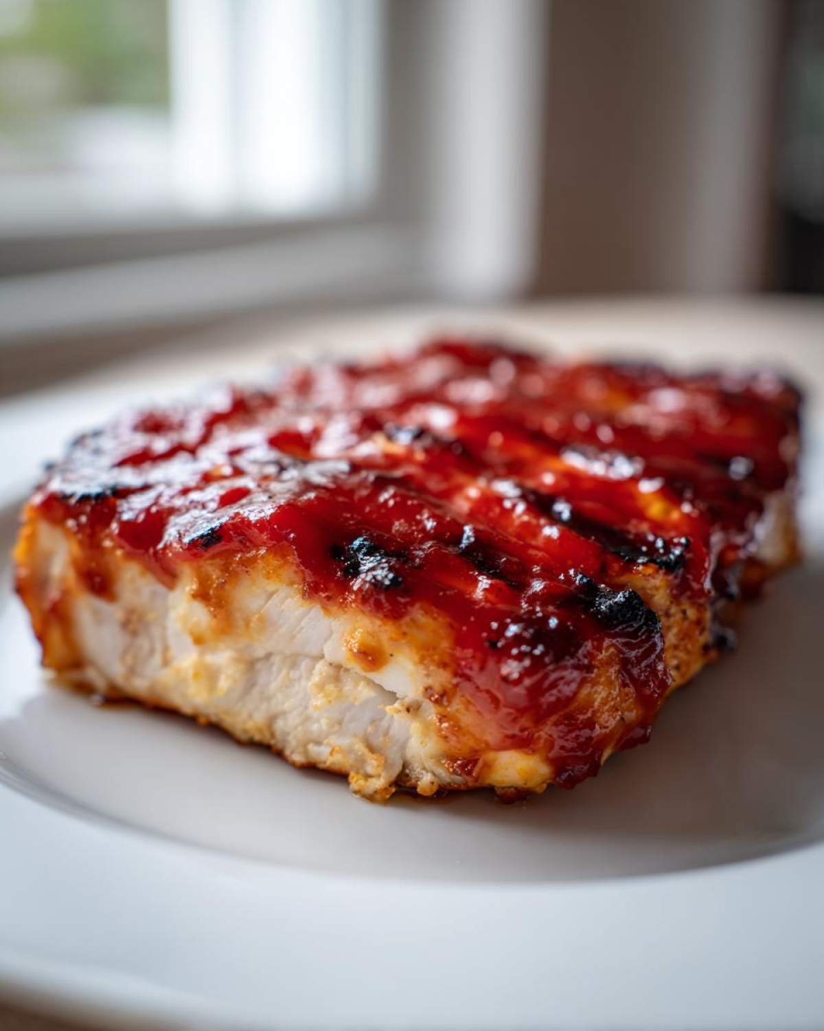 A thick slice of juicy grilled chicken breast coated in glossy, caramelized Rhubarb BBQ Sauce, served on a white plate.