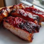 Close-up of thick-cut chicken pieces coated in a dark, glossy Rhubarb BBQ Sauce, showing juicy interior.