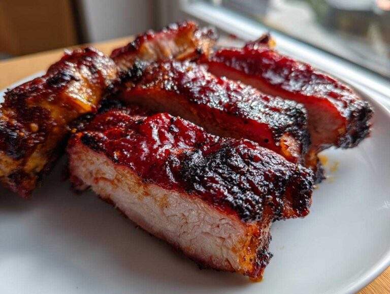 Close-up of thick-cut chicken pieces coated in a dark, glossy Rhubarb BBQ Sauce, showing juicy interior.
