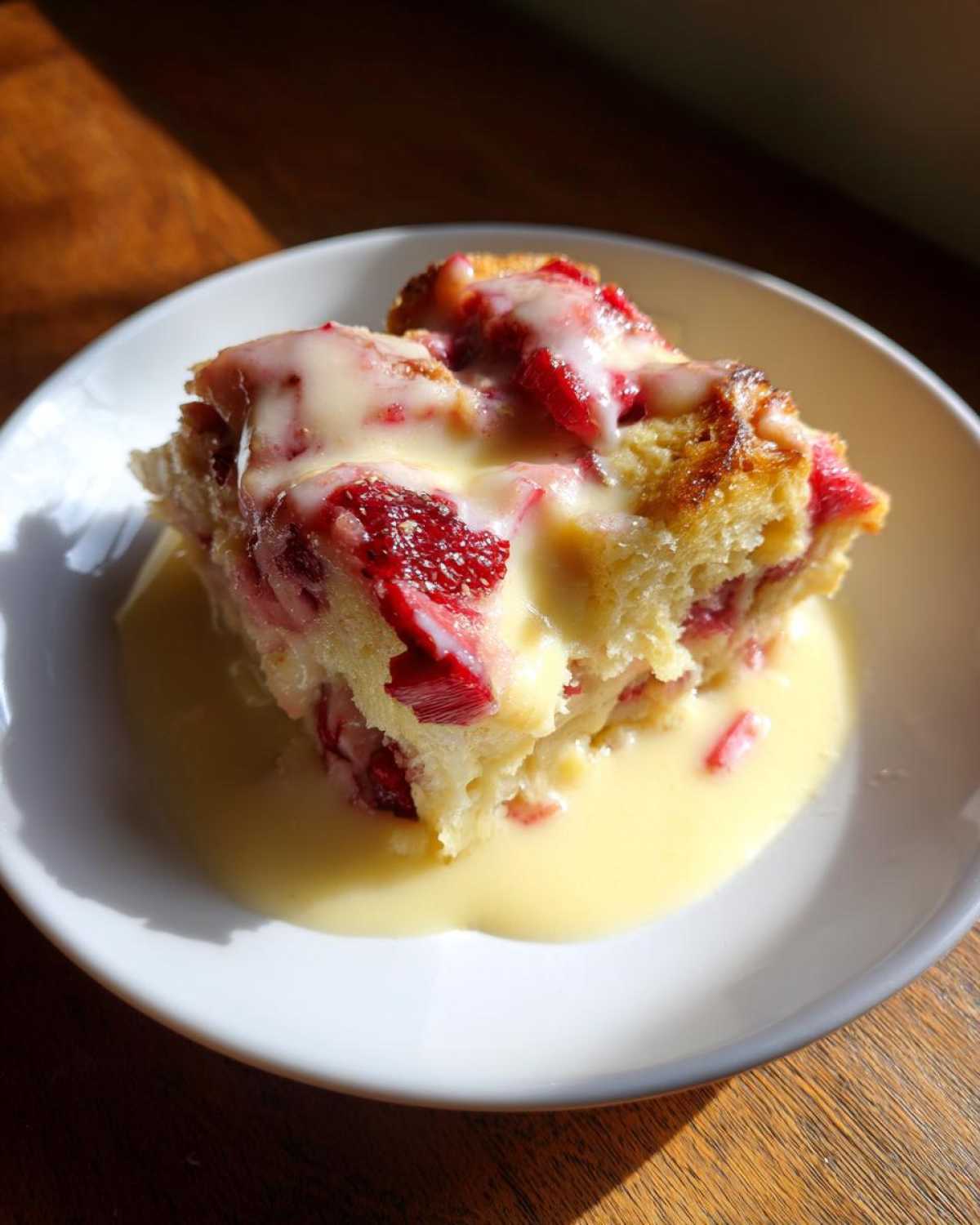 A close-up of a square serving of Rhubarb Bread Pudding with Vanilla Custard, sitting in a pool of sauce.