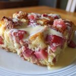 A close-up of a serving of Rhubarb Bread Pudding with Vanilla Custard, featuring baked bread chunks and bright pink rhubarb pieces.