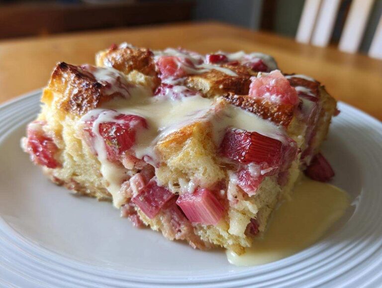 A close-up of a serving of Rhubarb Bread Pudding with Vanilla Custard, featuring baked bread chunks and bright pink rhubarb pieces.