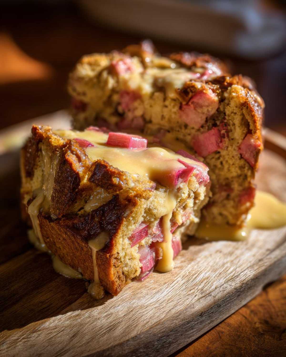 Two slices of moist Rhubarb Bread Pudding topped generously with dripping vanilla custard sauce.