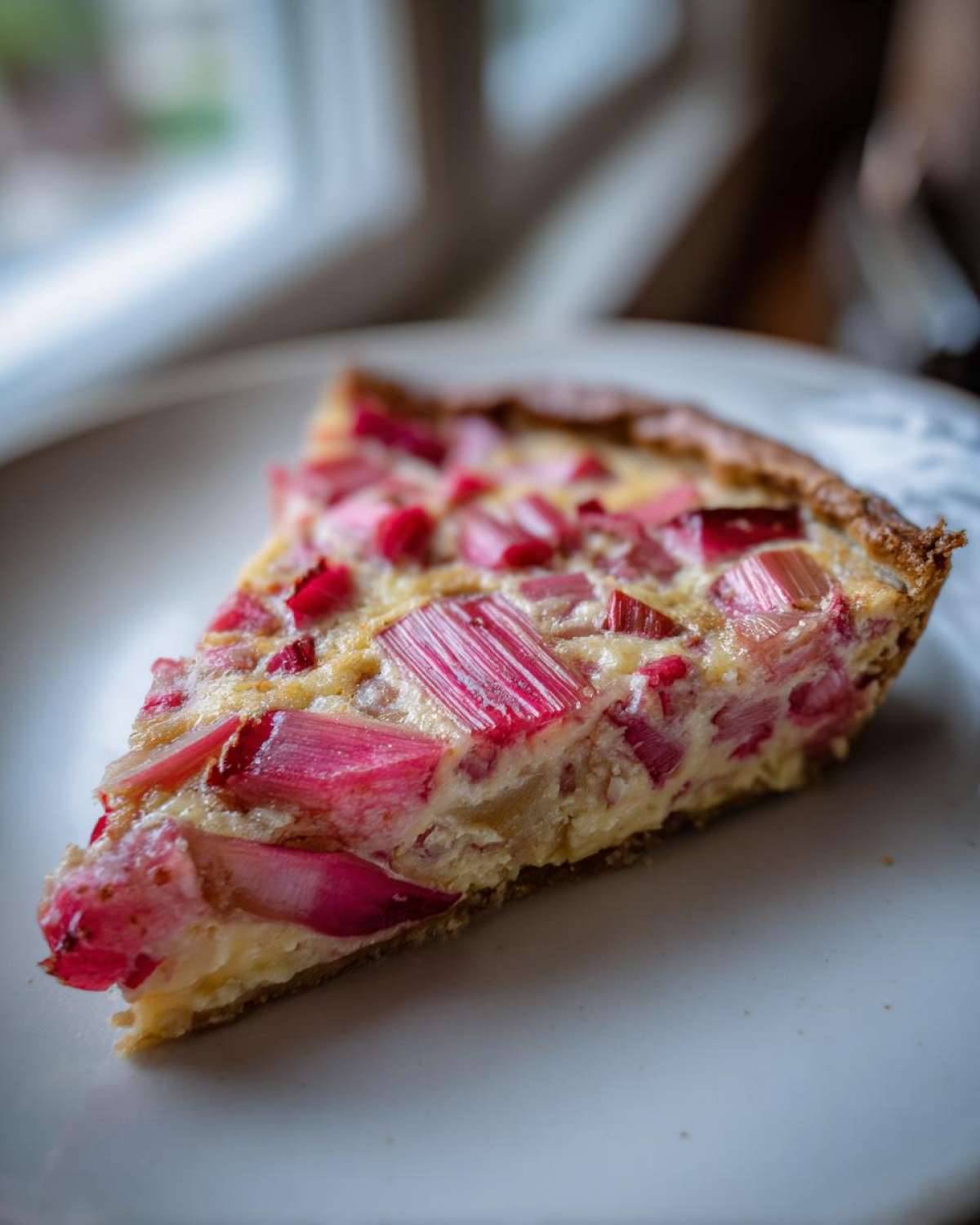 A close-up slice of Rhubarb Clafoutis with Stem Ginger showing bright pink rhubarb pieces baked into a creamy custard base.