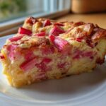 A close-up of a generous slice of Rhubarb Clafoutis with Stem Ginger, showing bright pink rhubarb pieces in a golden baked custard base.
