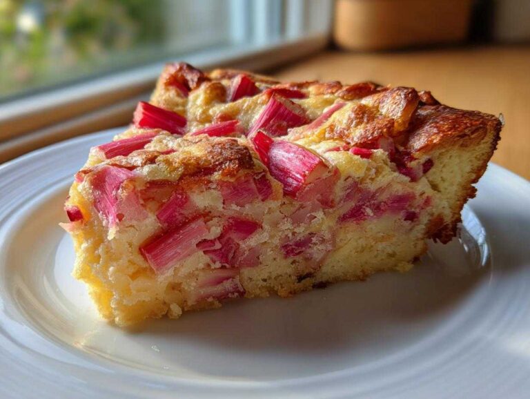 A close-up of a generous slice of Rhubarb Clafoutis with Stem Ginger, showing bright pink rhubarb pieces in a golden baked custard base.