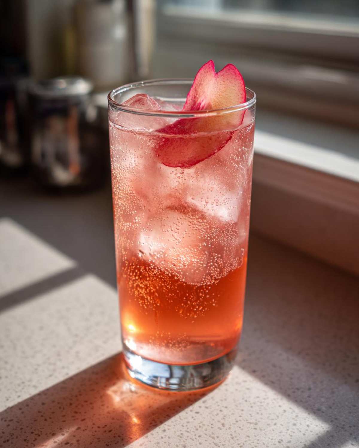 A tall glass filled with a fizzy, pink Rumbarb Cocktail with Ginger Beer, ice cubes, and a rhubarb slice garnish.