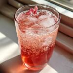 Close-up of a fizzy, pink Rhubarb Cocktail with Ginger Beer served over ice, garnished with a flower petal.