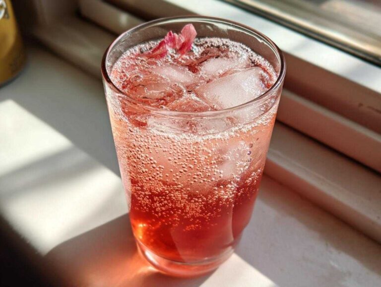Close-up of a fizzy, pink Rhubarb Cocktail with Ginger Beer served over ice, garnished with a flower petal.