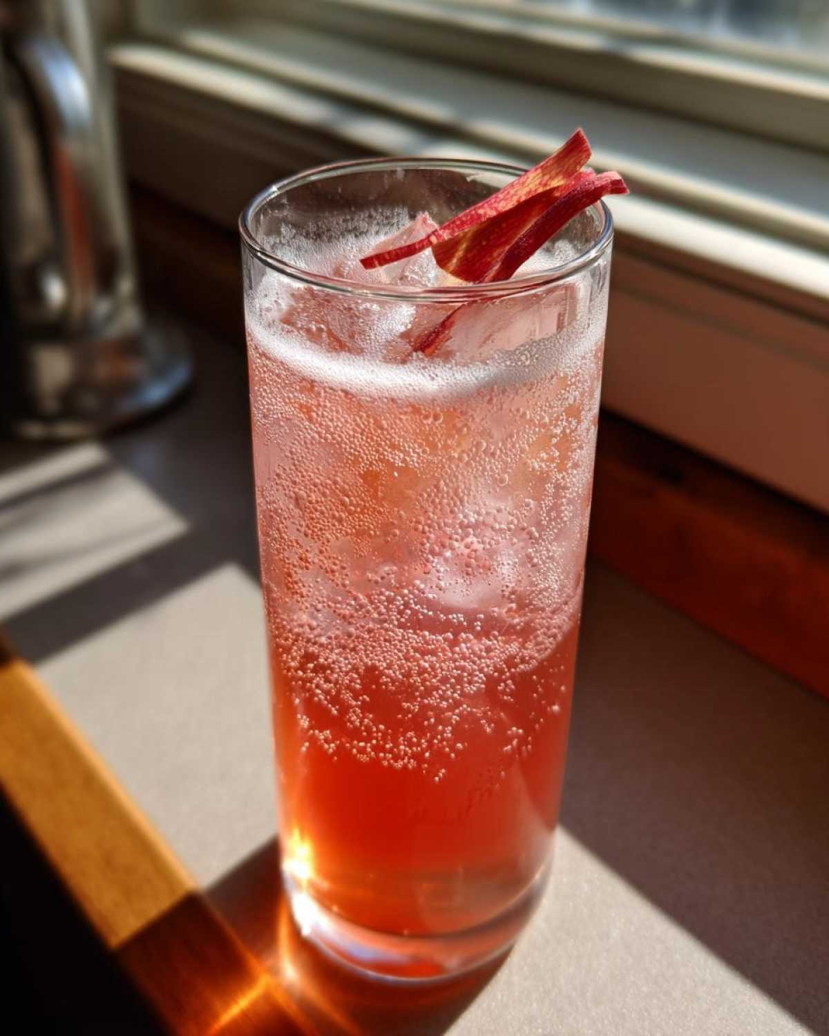 A tall glass filled with a fizzy, pink Rhubarb Cocktail with Ginger Beer, garnished with rhubarb strips.