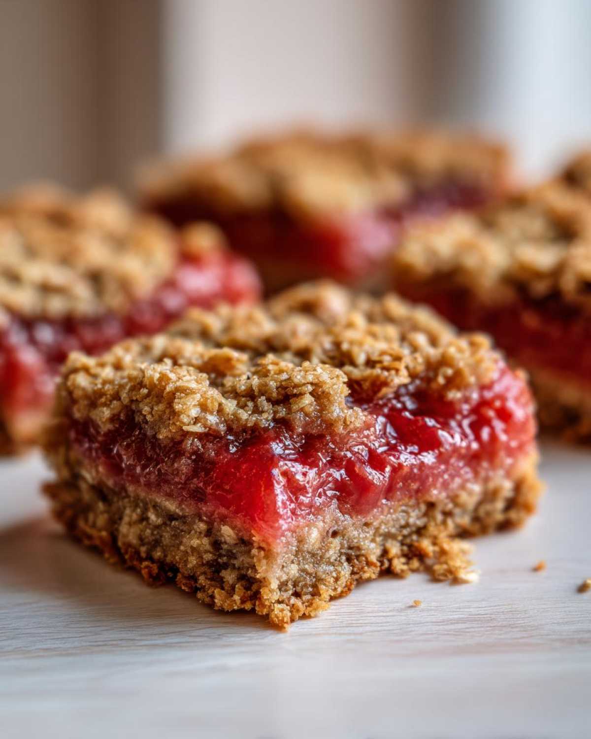 A close-up, macro shot of a single serving of Rhubarb Compote Squares showing the thick, bright red filling and crumbly oat topping.