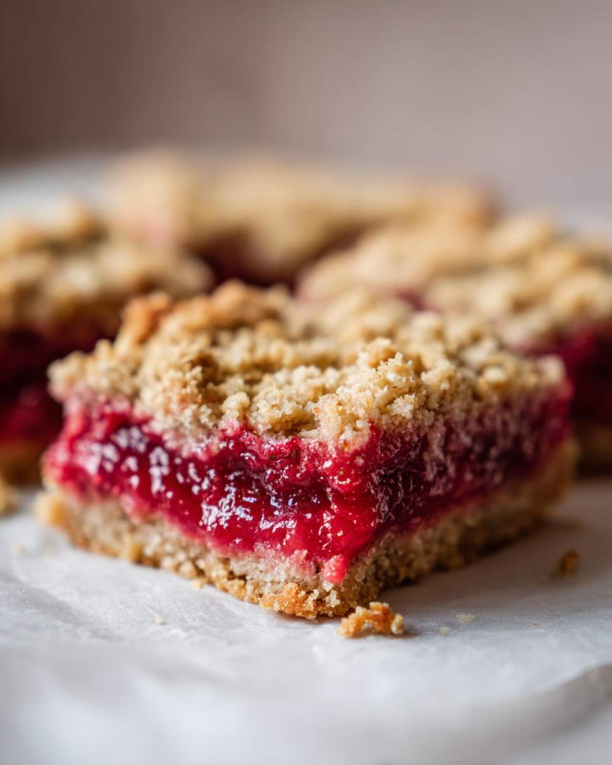 A close-up shot of a rich, layered Rhubarb Compote Squares bar with a crumbly topping and bright red filling.
