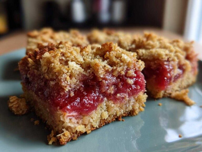 Close-up of two squares of Rhubarb Compote Squares showing a thick, bright red rhubarb filling and crumbly oat topping.