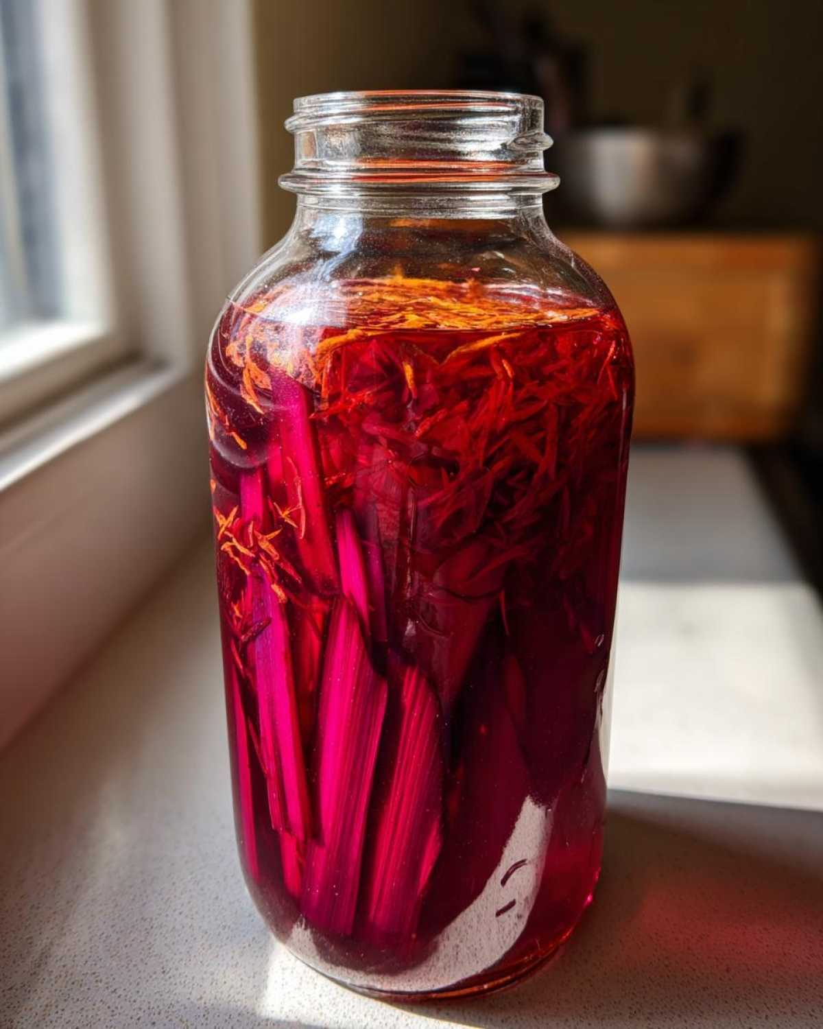 A glass jar filled with vibrant pink rhubarb stalks and orange zest infusing in liquid for Rhubarb Cordial with Orange Zest and Gin.