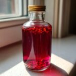 A clear glass bottle containing vibrant pink Rhubarb Cordial with Orange Zest and Gin, sitting in sunlight.