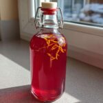 A glass bottle filled with bright pink Rhubarb Cordial with Orange Zest and Gin, sitting on a windowsill.
