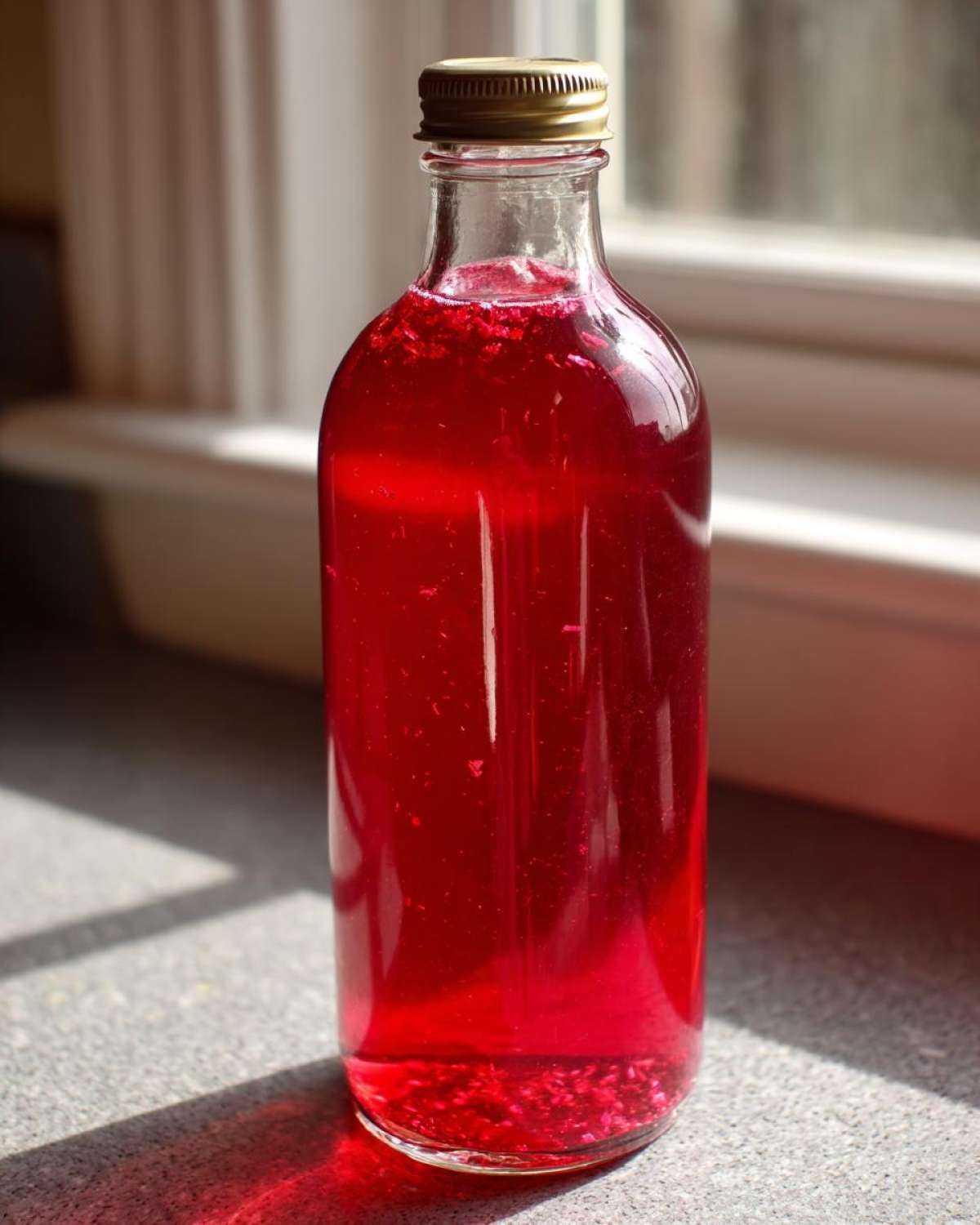 A tall glass bottle filled with vibrant, deep red Rhubarb Cordial with Orange Zest and Gin, sitting on a counter near a window.