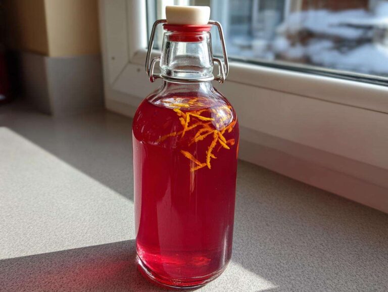 A glass bottle filled with bright pink Rhubarb Cordial with Orange Zest and Gin, sitting on a windowsill.