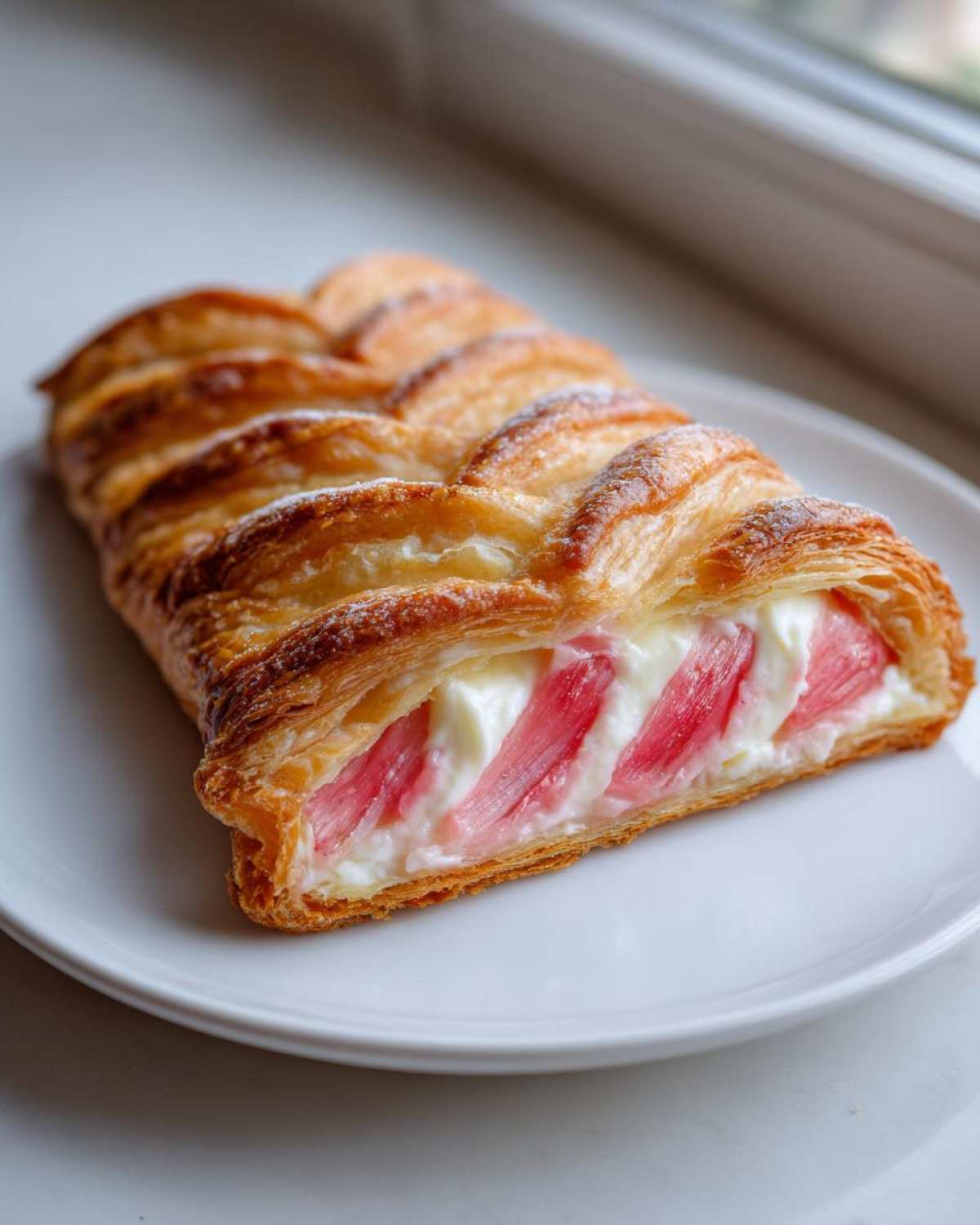 A freshly baked Rhubarb Cream Cheese Danish with a chevron top, showing layers of flaky pastry filled with cream cheese and bright pink rhubarb strips.