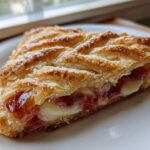 Close-up of a flaky slice of Rhubarb Cream Cheese Danish showing the cream cheese filling and rhubarb jam.