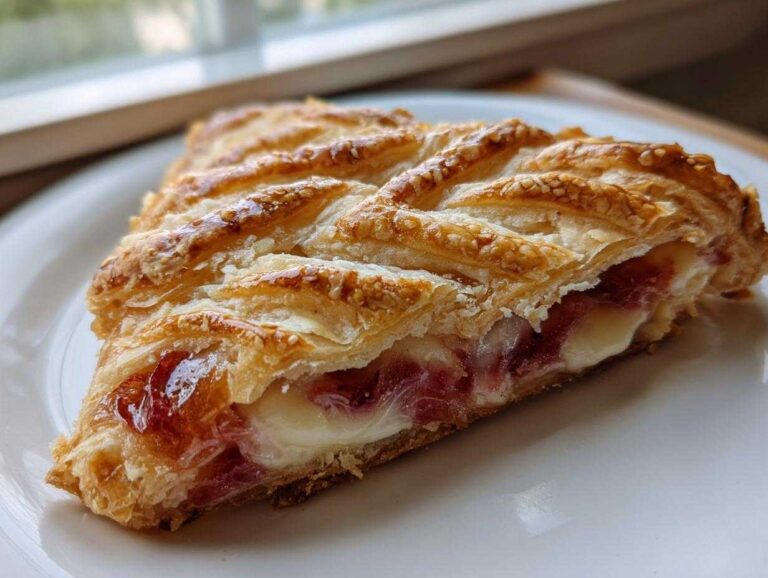 Close-up of a flaky slice of Rhubarb Cream Cheese Danish showing the cream cheese filling and rhubarb jam.