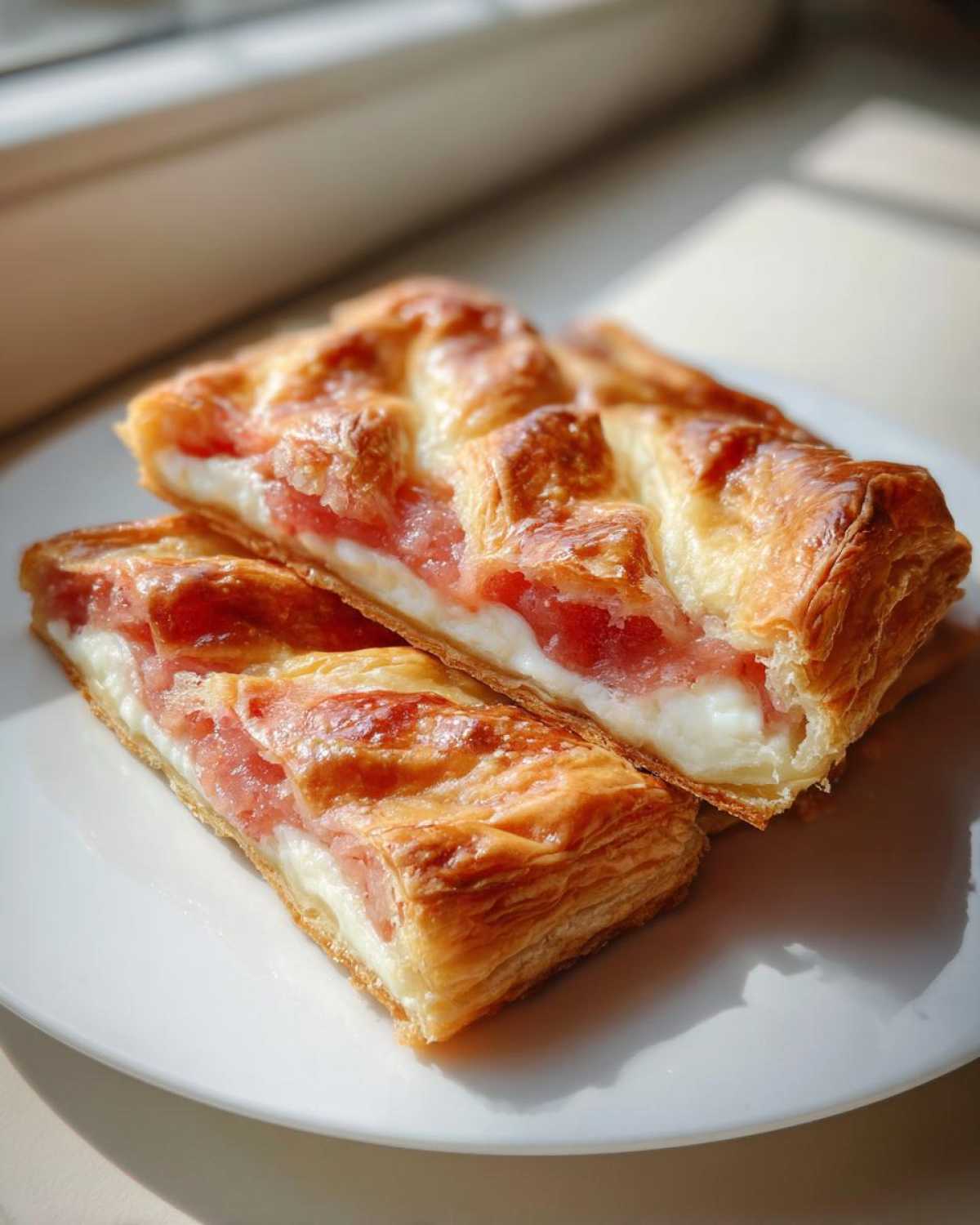 Two golden-brown slices of flaky Rhubarb Cream Cheese Danish stacked on a white plate, showing the creamy filling and pink rhubarb.