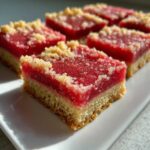 Close-up of several bright pink Rhubarb Curd Shortbread squares with a crumbly topping, arranged on a white rectangular plate.