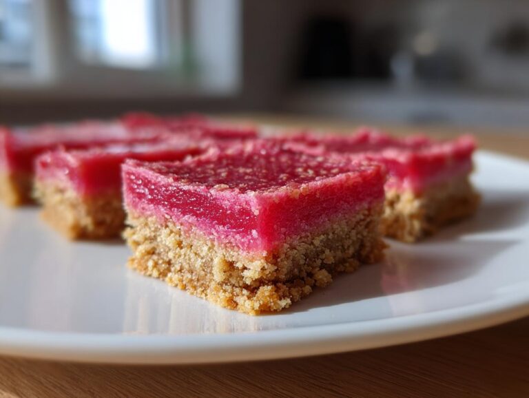 Close-up of bright pink Rhubarb Curd Shortbread squares with a crumbly base, served on a white plate.