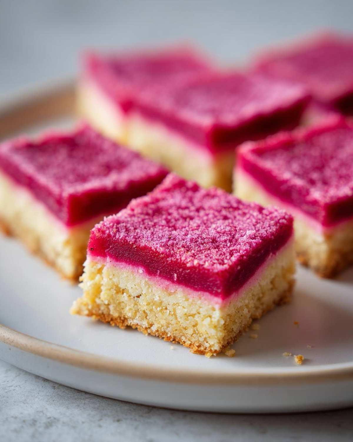 Close-up of several bright pink Rhubarb Curd Shortbread squares arranged on a light plate.