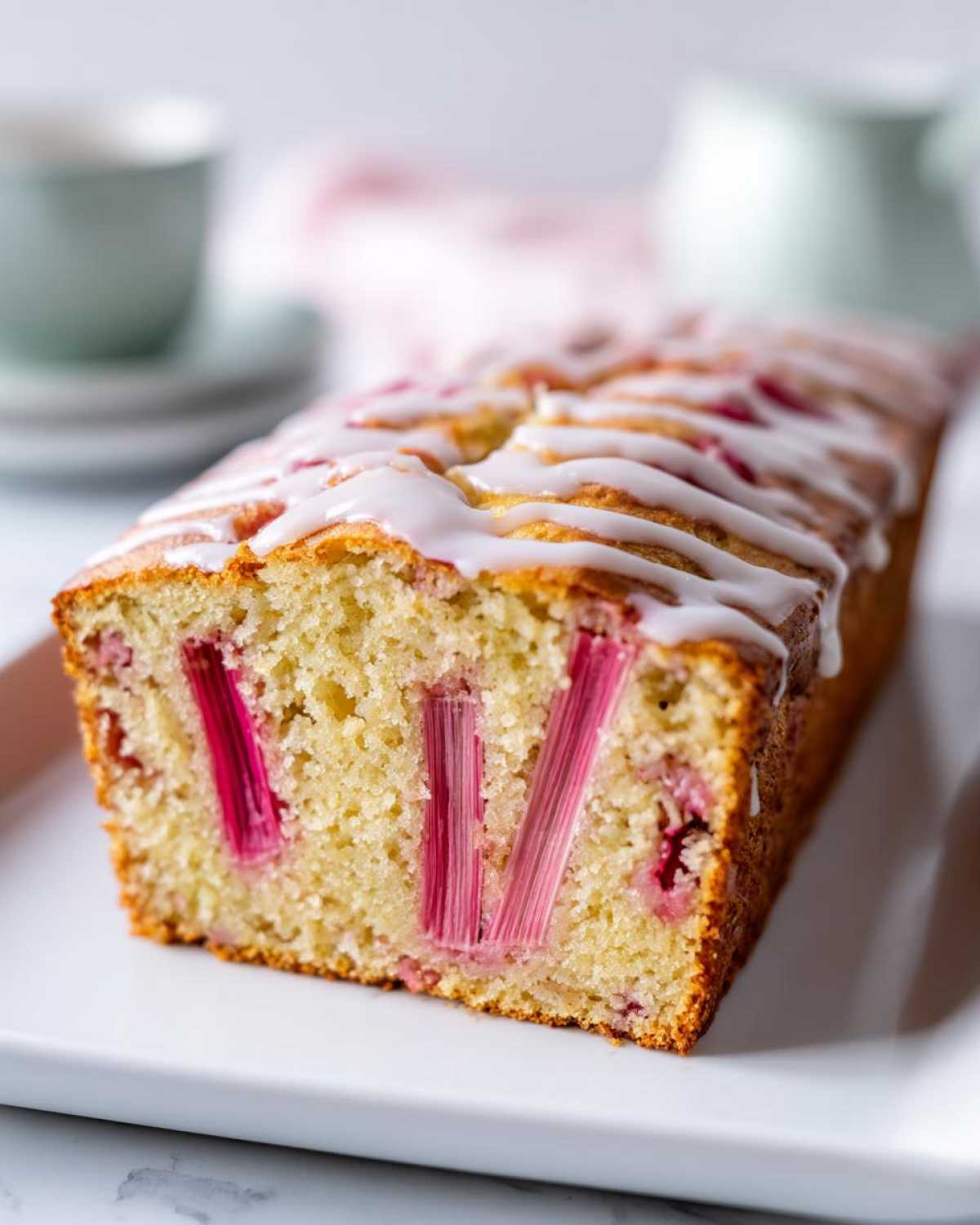 A close-up of a freshly baked Rhubarb and Earl Grey Tea Loaf, showing vibrant pink rhubarb stalks embedded in the cake and topped with white icing.