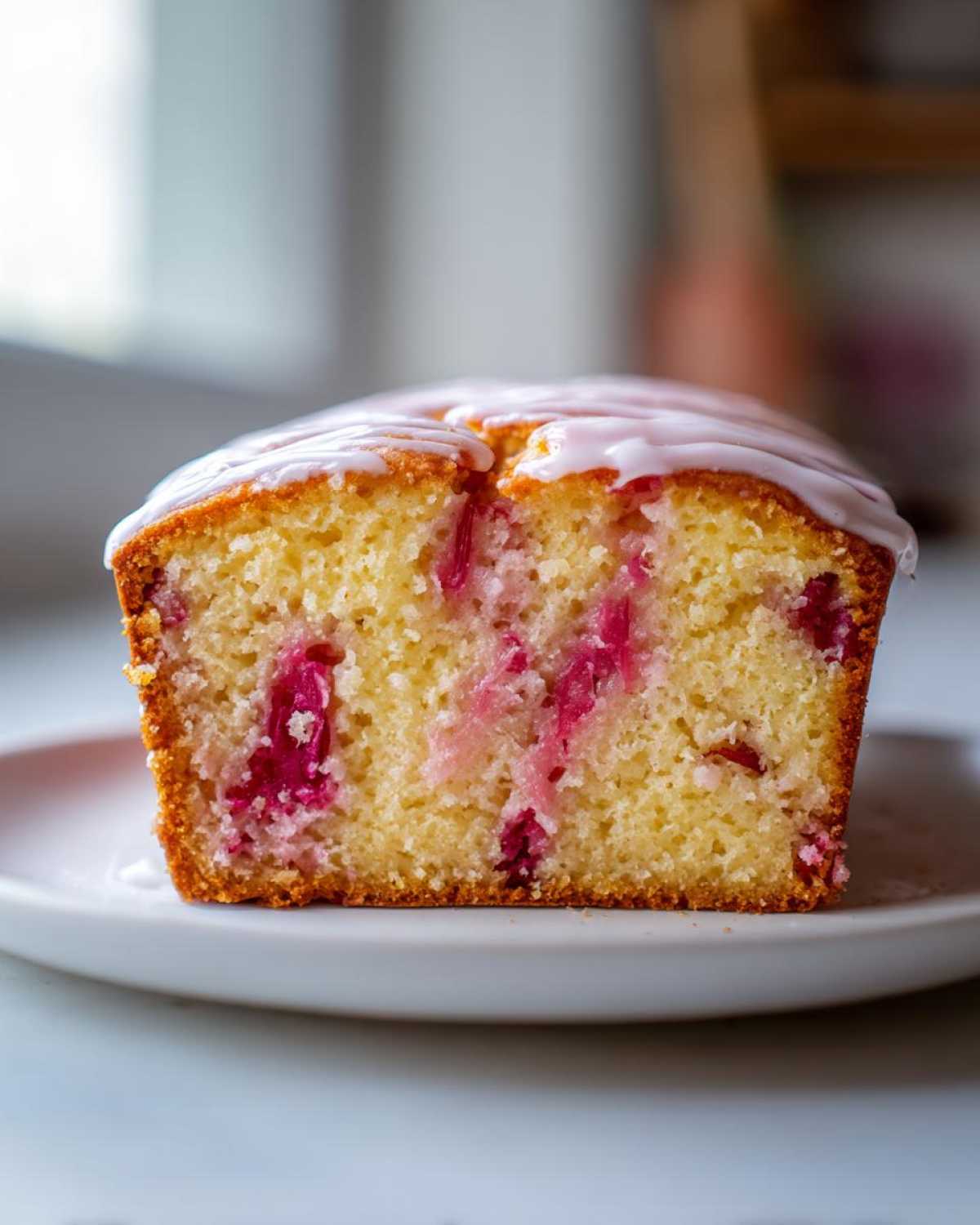 Cross-section of a moist Rhubarb and Earl Grey Tea Loaf showing pink rhubarb pieces in the yellow crumb, topped with a light glaze.