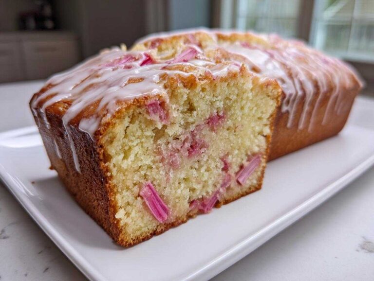 Close-up of a sliced Rhubarb and Earl Grey Tea Loaf showing pink rhubarb pieces baked into the moist crumb, topped with white icing.