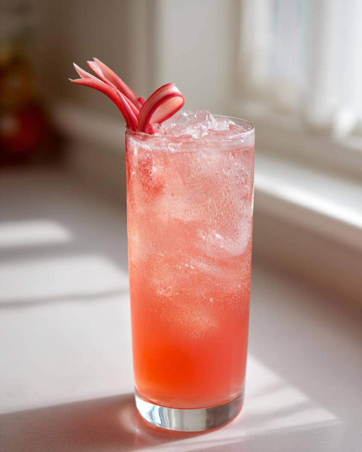A tall glass filled with a pink Rhubarb and Elderflower Gin Fizz, topped with crushed ice and a rhubarb ribbon garnish.