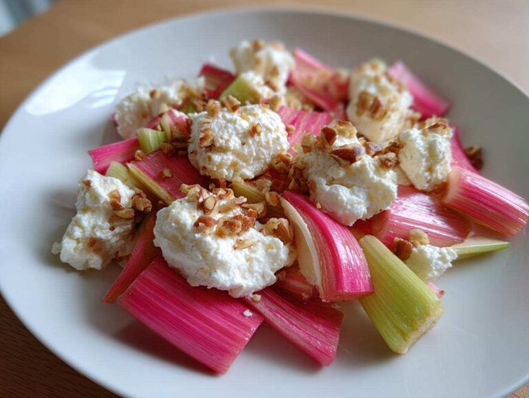 Bright pink and green rhubarb stalks topped with dollops of roasted ricotta and chopped nuts in a Rhubarb Fennel Salad.