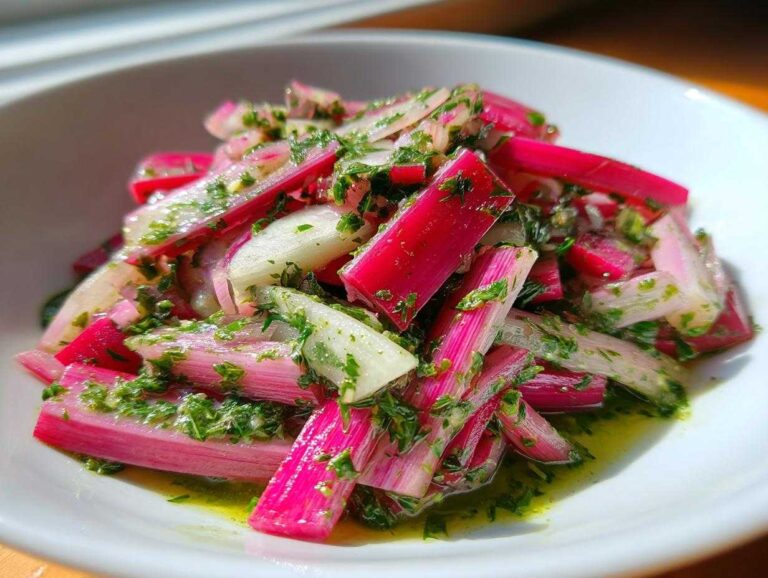 Close-up of vibrant Rhubarb and Fennel Slaw tossed in bright green chimichurri sauce, served in a white bowl.