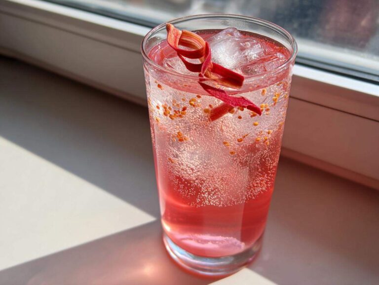 A tall glass of sparkling pink Rhubarb Fizz Cocktail garnished with a rhubarb ribbon and small orange seeds (Grains of Paradise).