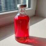 A small glass bottle filled with bright red Rhubarb Ginger Shrub, sitting on a windowsill in bright sunlight.