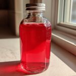 A glass bottle filled with bright red Rhubarb Ginger Shrub, sitting on a windowsill catching sunlight.