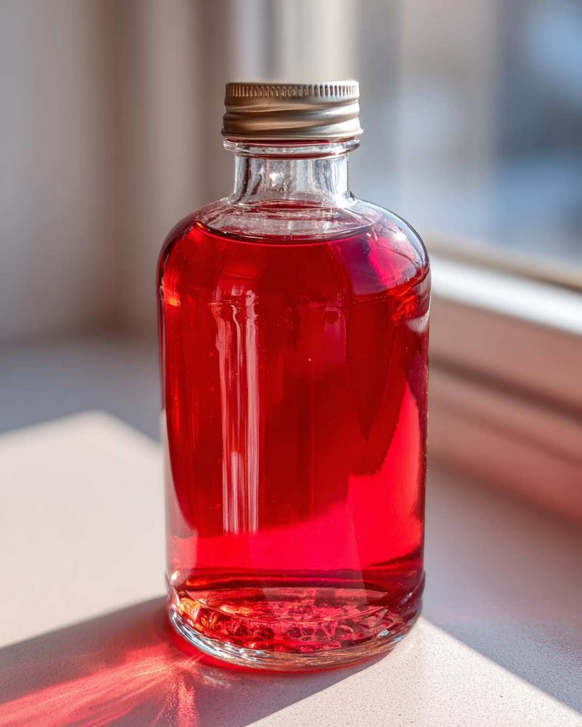 A small glass bottle filled with vibrant red Rhubarb Ginger Shrub, sitting on a sunlit windowsill.