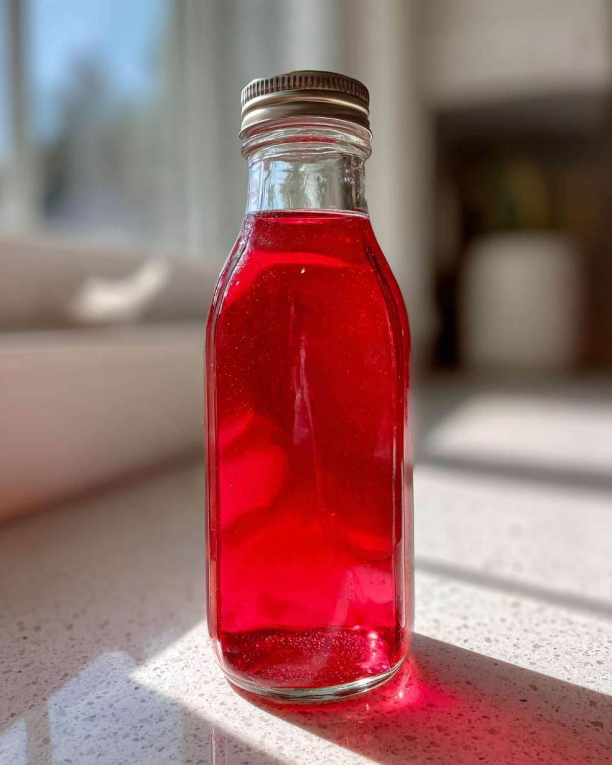 A clear glass bottle filled with bright red Rhubarb Ginger Shrub (drinking vinegar) sitting on a counter in sunlight.