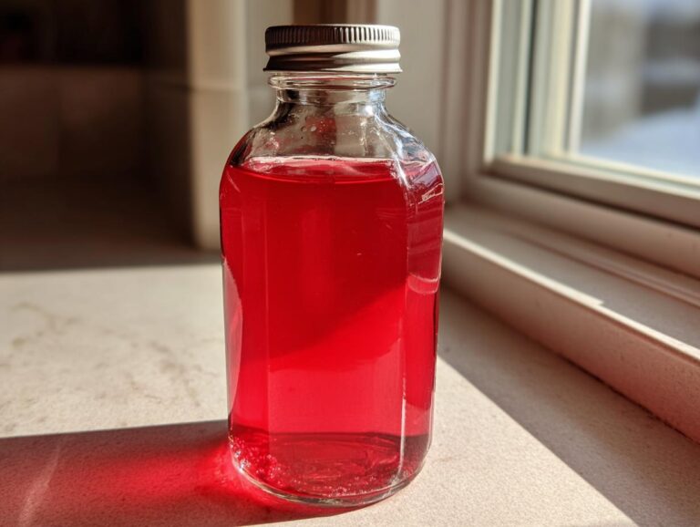 A glass bottle filled with bright red Rhubarb Ginger Shrub, sitting on a windowsill catching sunlight.