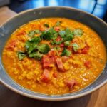 Close-up of a vibrant orange Rhubarb-Lentil Curry topped with fresh cilantro.