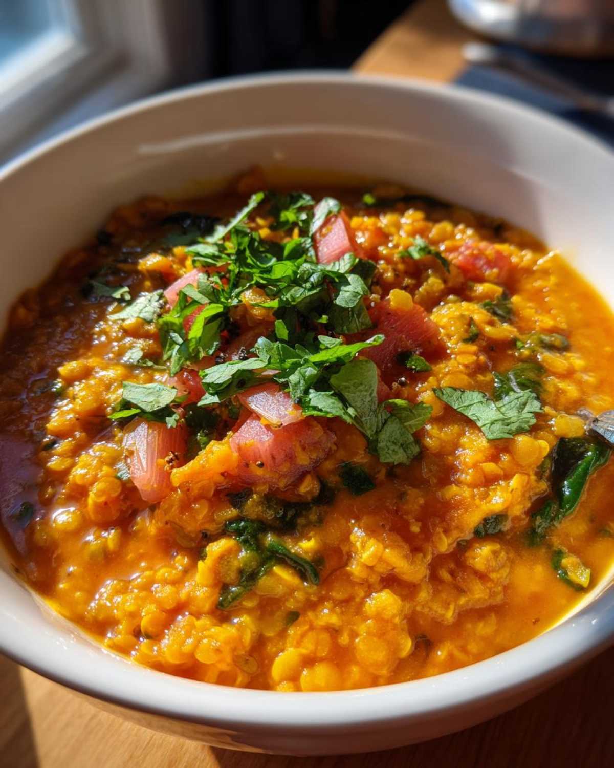 Close-up of a vibrant, orange Rhubarb-Lentil Curry topped with fresh cilantro and pink rhubarb chunks.