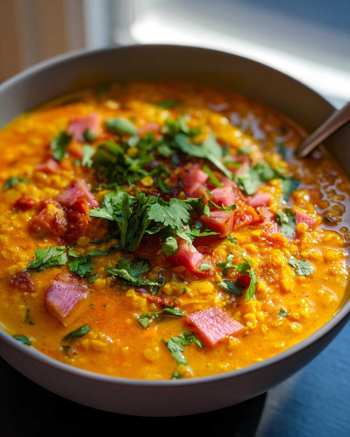 Close-up of a vibrant, orange Rhubarb-Lentil Curry topped with pink rhubarb chunks and fresh cilantro.